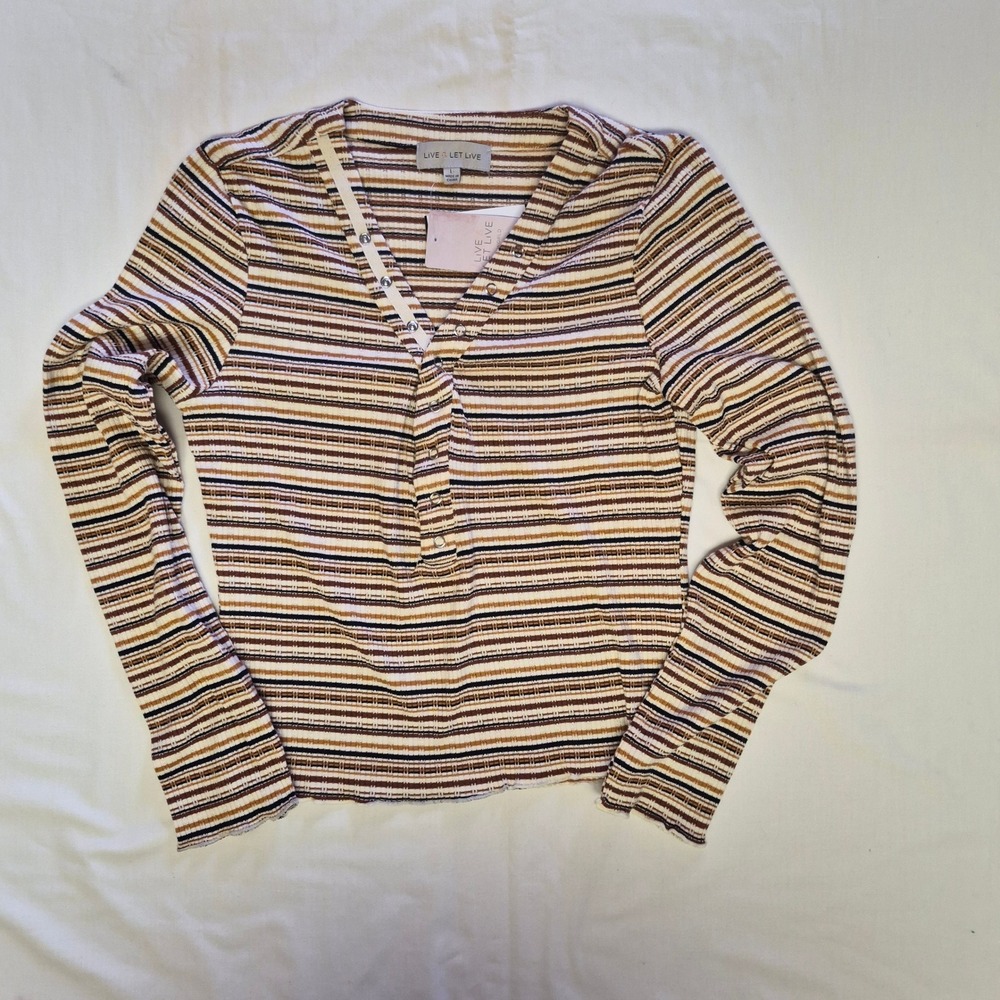 Live‎ & Let Live Womens Striped Henley Top Brown Tan Long Sleeve Lettuce Hem L